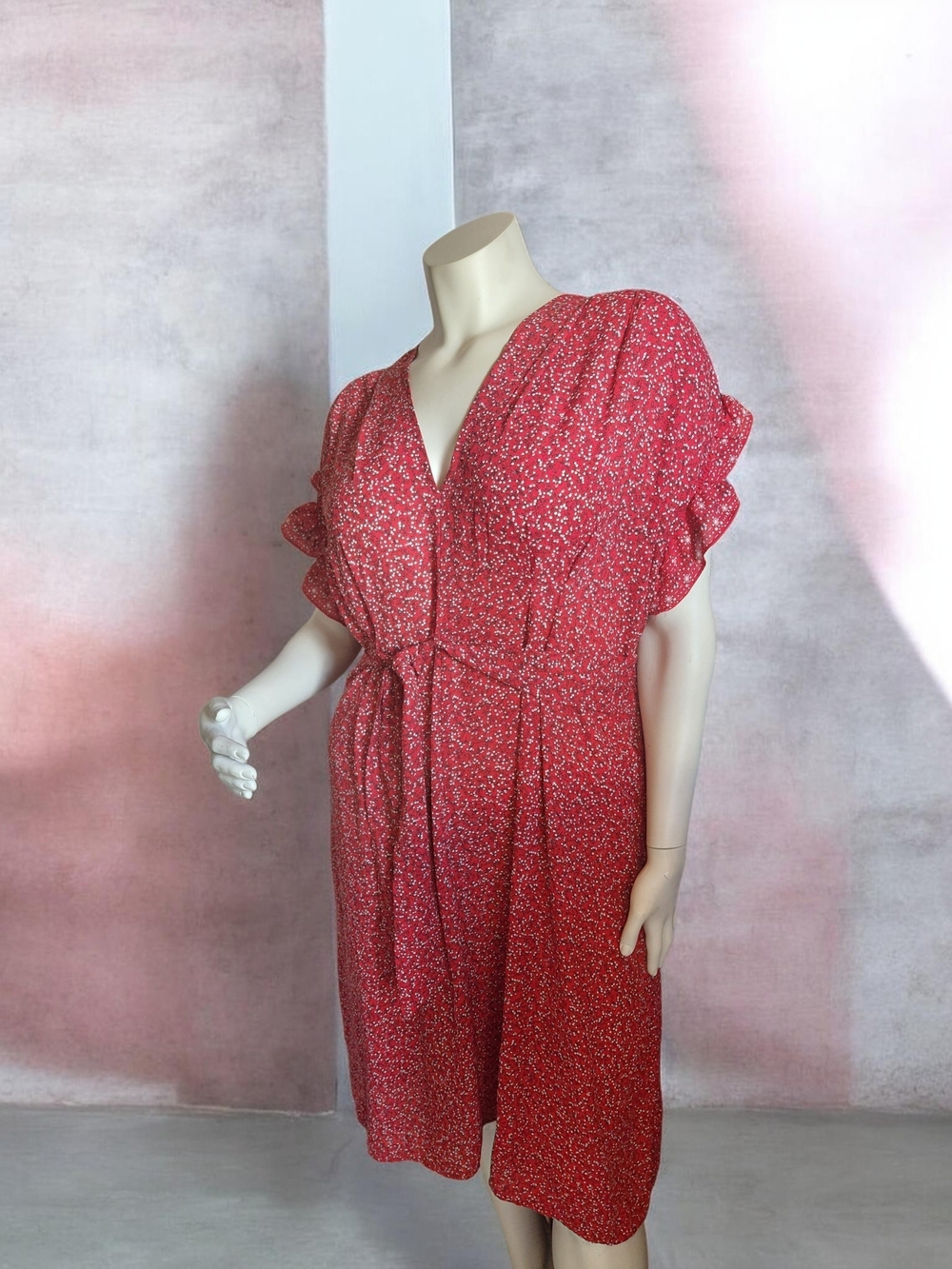 Max Studio Red Floral V-Neck Tie-Waist Midi Dress